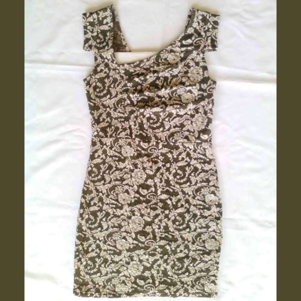 Brown & White Floral Trinity Stretchy Bodycon Mini Dress Cinched Bust Asymmetric